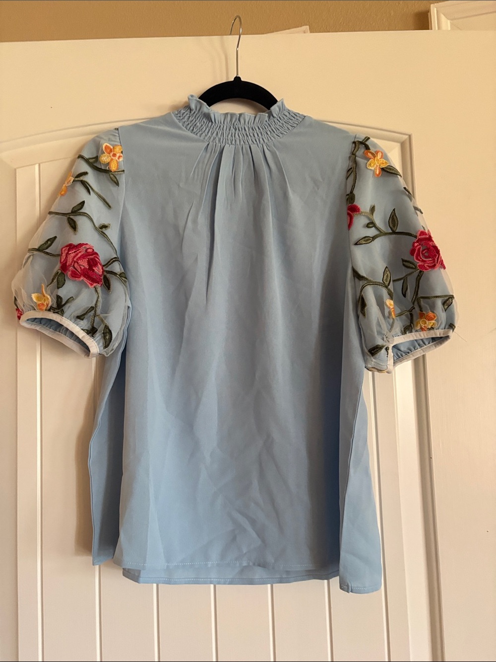 SHEIN Light Blue Smocked Neck Blouse with Floral Embroidered Puff Sleeves